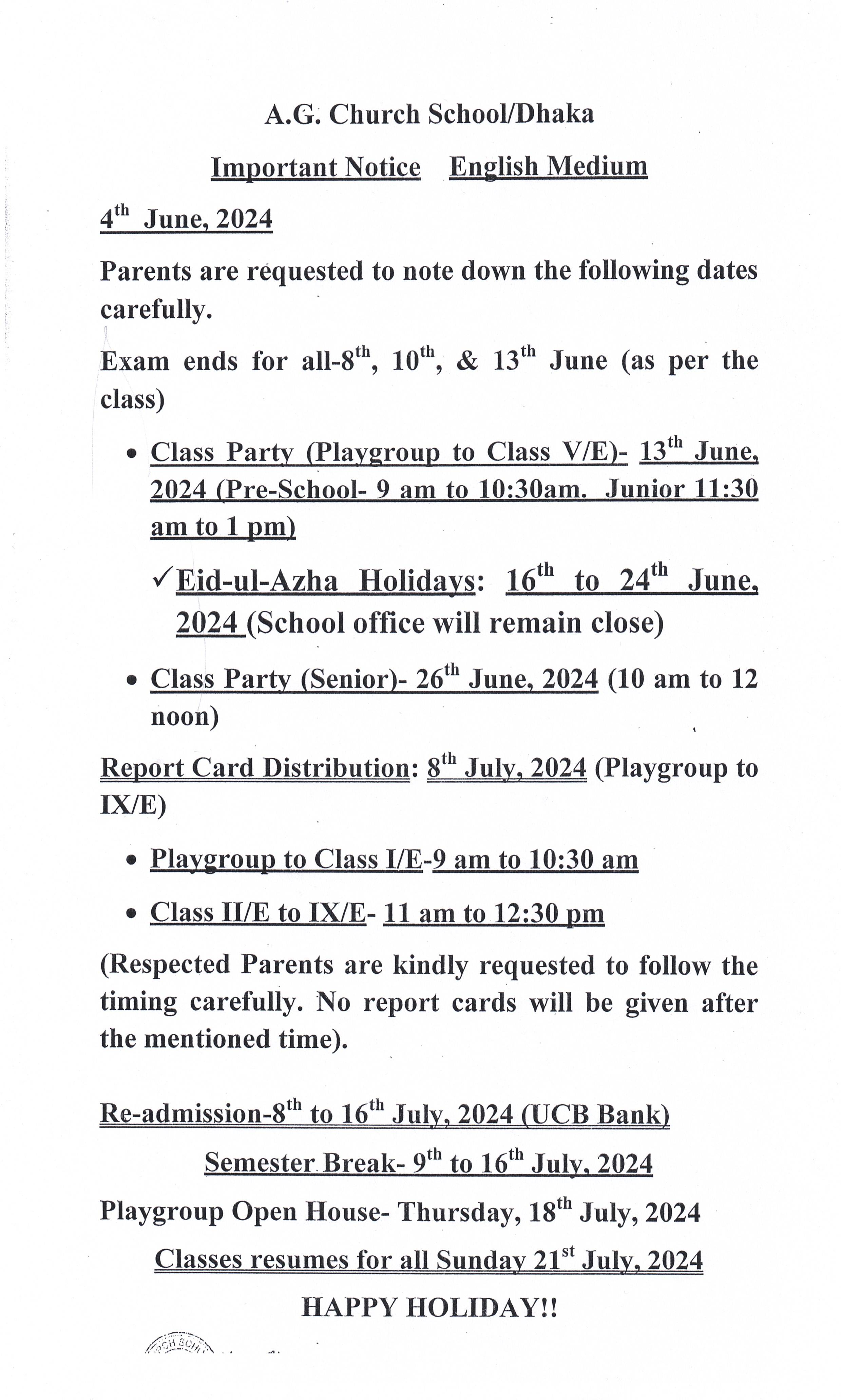 Important Notice for English Medium